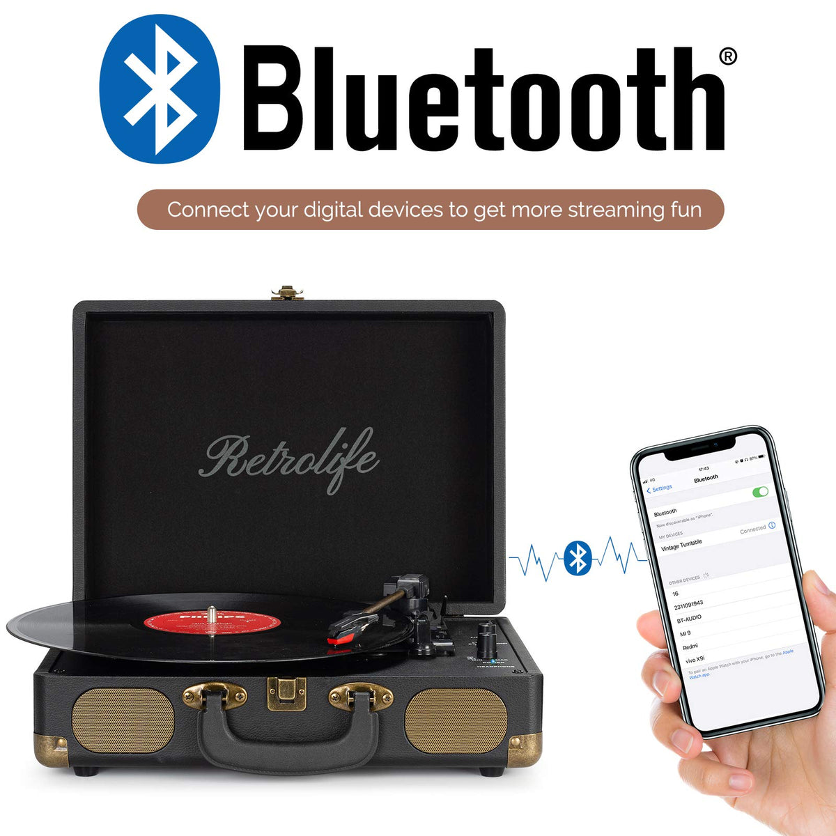 Retrolife® Vinyl Record Player with Speakers, Bluetooth Vinyl Player-Black