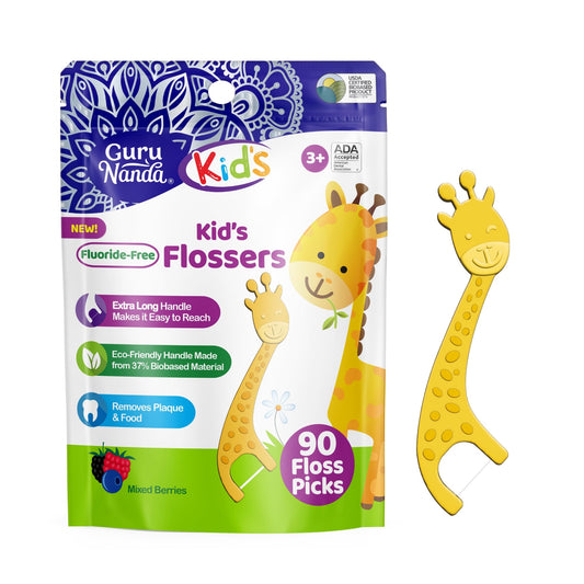 GuruNanda Dental Floss Picks for Kids, Extra-Long Giraffe-Shaped Picks, Fluoride-Free, Anti-Slip & Shred-Resistant Design & Eco-Friendly Handle & Berry Flavor, Ideal for Ages 3+, 90 Count (Pack of 1)