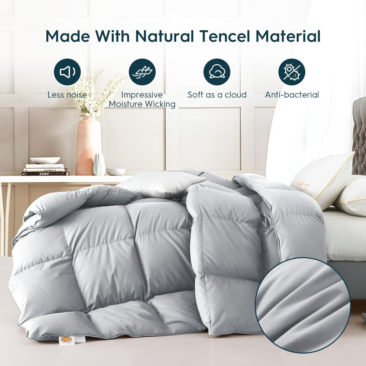 WarmKiss King Size Down Comforter, Luxurious All-Season Duvet Insert with noiseless Skin-Friendly Tencel Blend Cover, Cloud-Soft & Breathable, 8 Corner Tabs, Machine Washable, Grey (106" x 90")