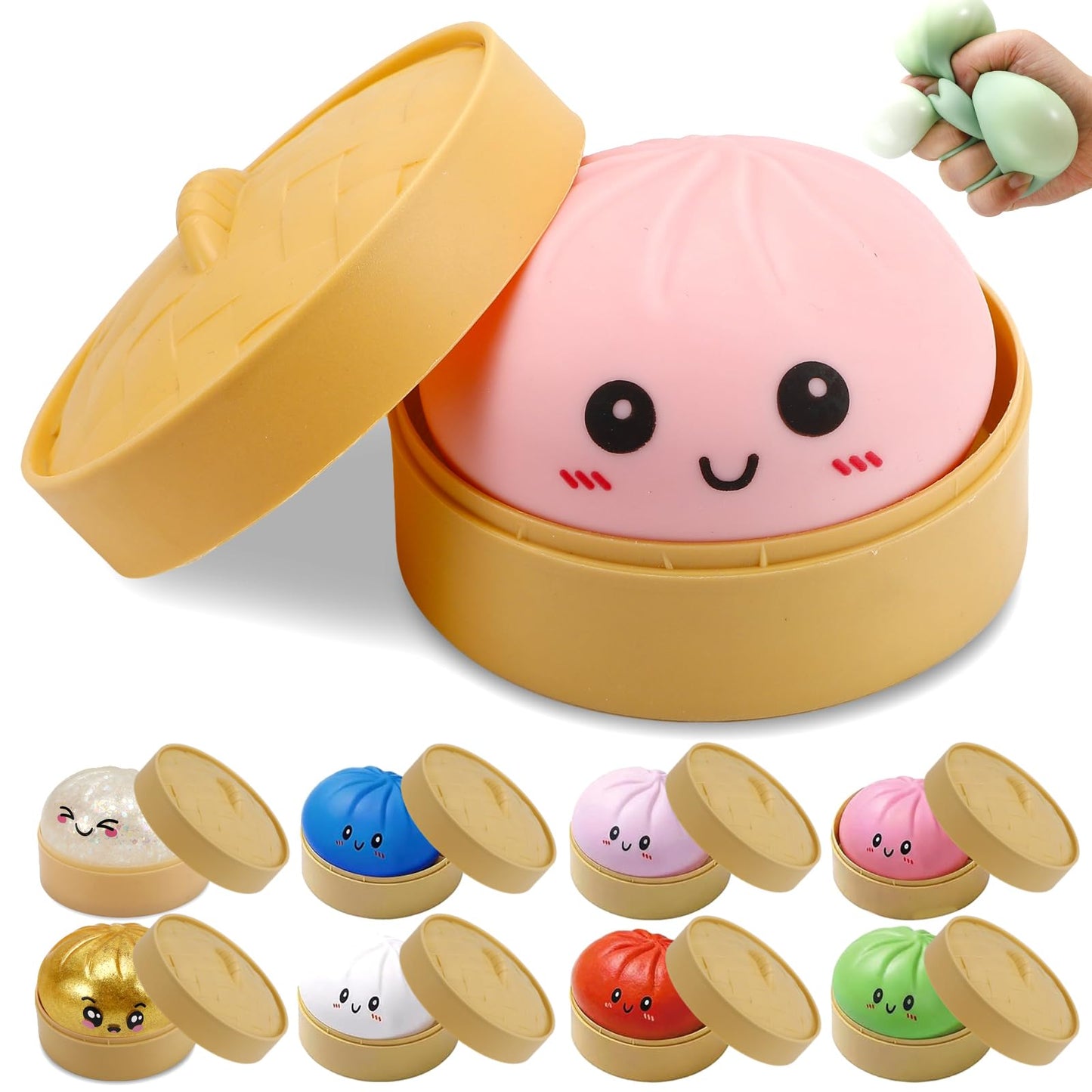 4 Pack Dumpling Squishies, Colorful Dumplings Stress Balls Fidget with Mystery Box Easter Basket Stuffers Stocking Stuffers with Food Steamer Stretchy