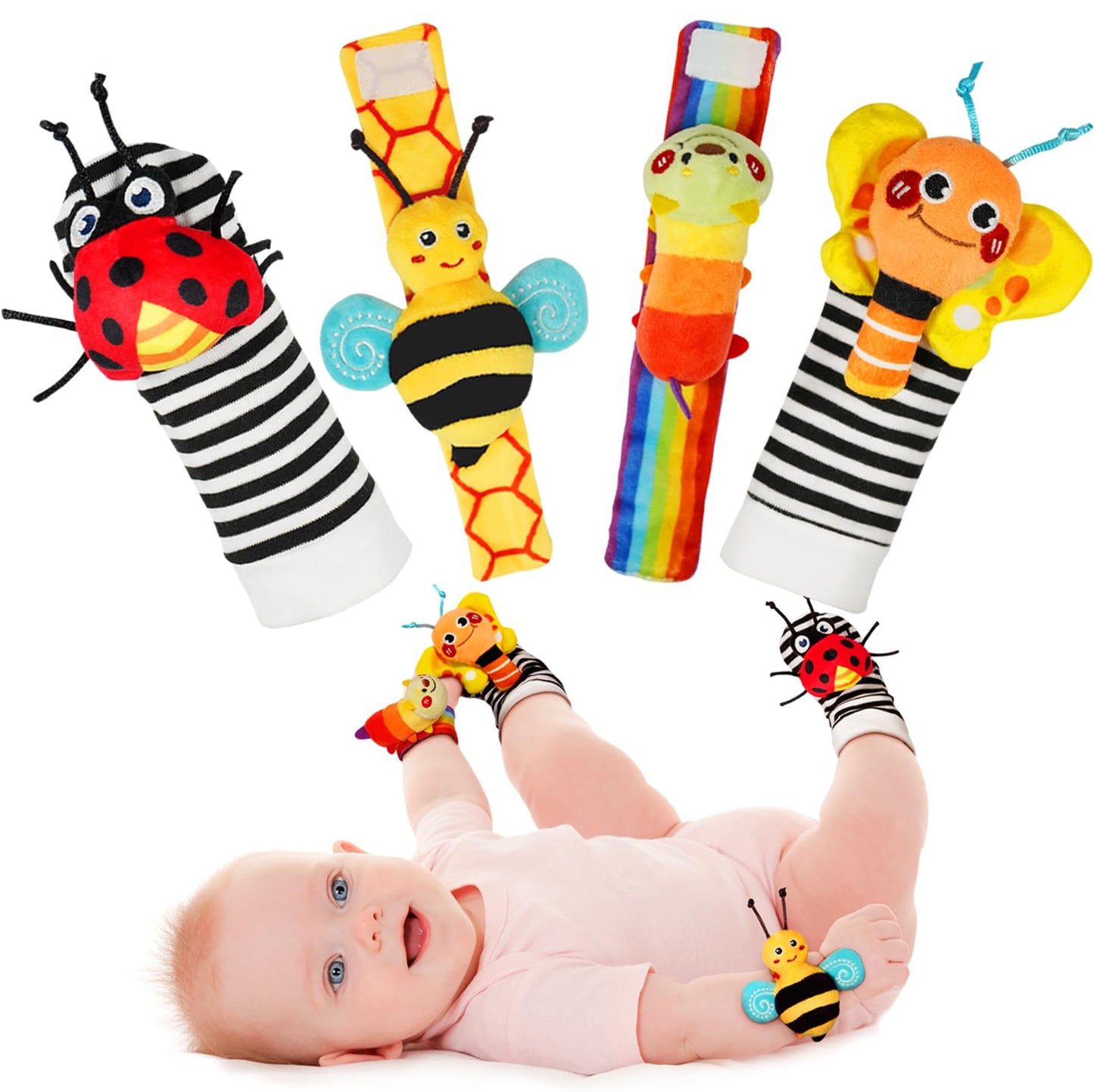Infinno Wrist Rattles and Foot Finder Socks Set, Baby Toys for 0-12 Months