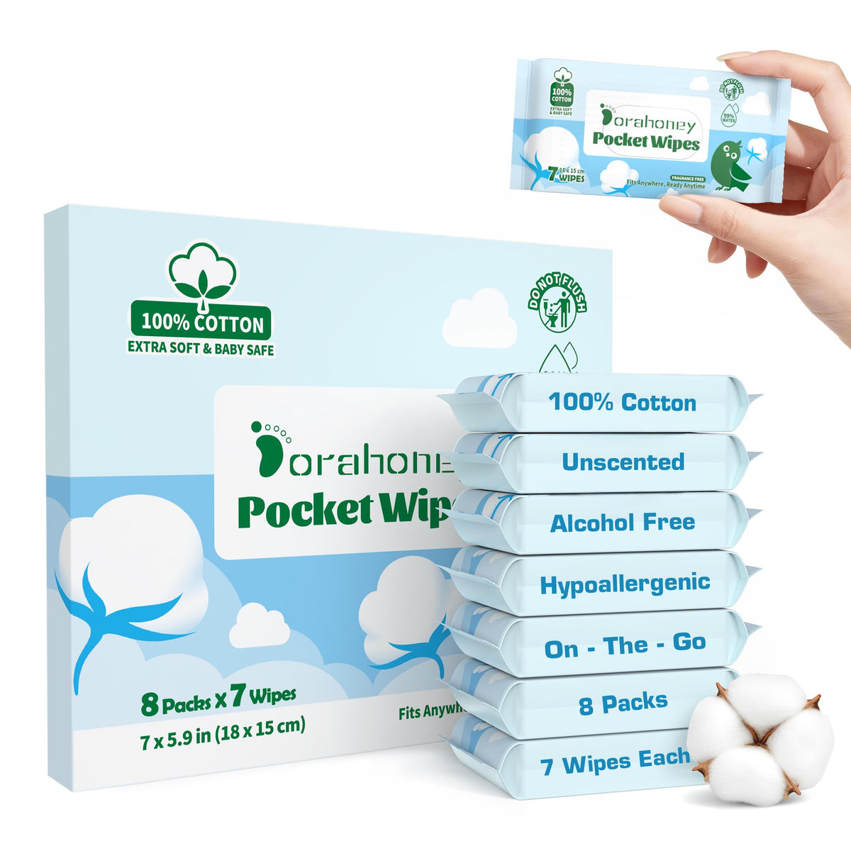 Dorahoney 100% Cotton Travel Wipes for Sensitive Skin, 99% Purified Water Hypoallergenic Mini Wet Wipes, Unscented Pocket Wipes Travel Essentials, 56 Count (8 Packs of 7)