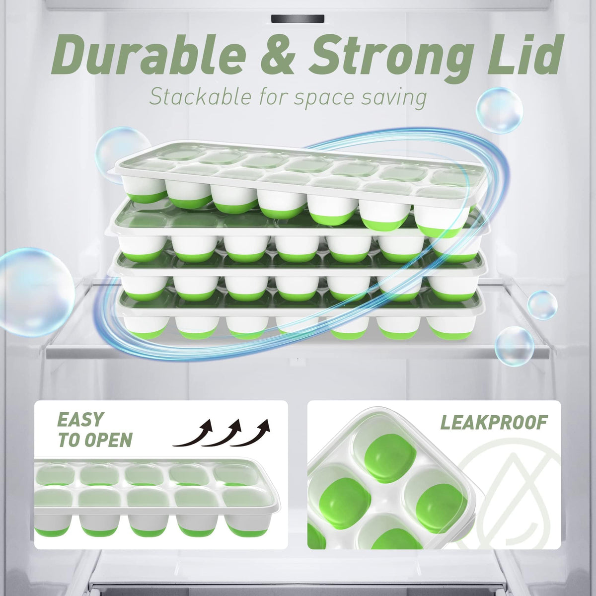 ChefAide 4 Pack Ice Cube Tray, Silicone Ice Cube Trays for Freezer with Lid