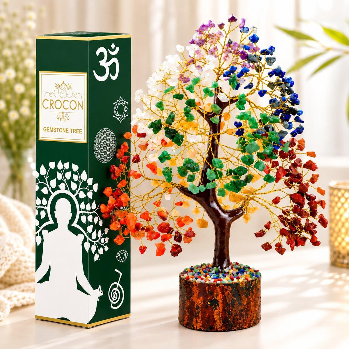 Crocon® 7 Chakra Crystal Tree of Life, Healing Crystals Tree 10-12 Inch,