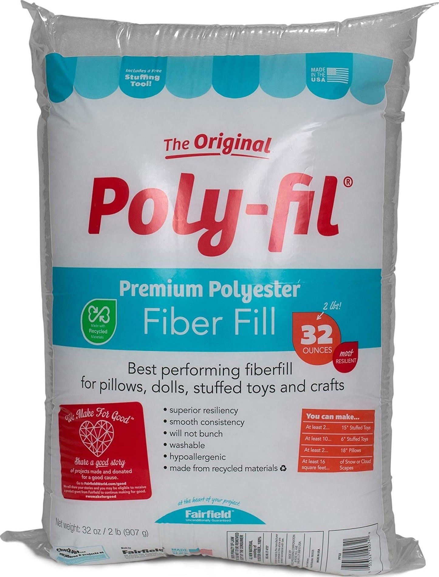 Poly-Fil Fairfield Original Fiber Fill Stuffing, Premium Polyester, 32 oz.
