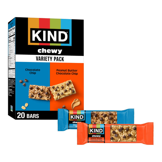 KIND Chewy Granola Bars Variety Pack, Gluten Free, Low Calorie, Healthy Snacks, Chocolate Chip, Peanut Butter Chocolate Chip, 20 Count