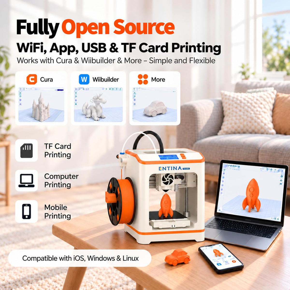 ENTINA Tina2C Mini 3D Printer for Beginners & Kids, Fully Assembled, 5-Minute Setup, Auto Leveling, WiFi & App Control, 3500+ Models Updated Daily, 25+ DIY Modules, Quiet Printing for Home & STEM