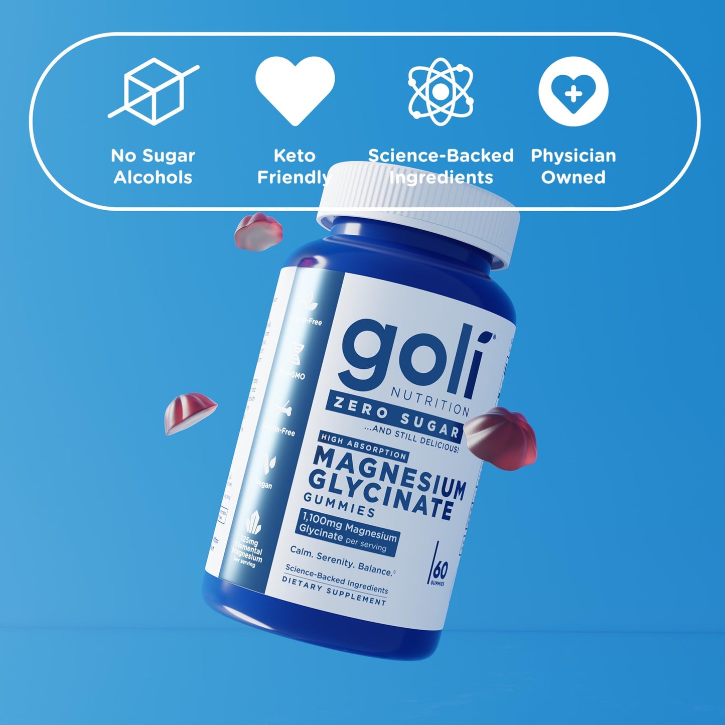 Goli Zero Sugar Magnesium Gummies - 125mg Magnesium (from Magnesium Glycinate) with Vitamin D - No Artificial Sweeteners, No Sugar Alcohols - Vegan, Keto-Friendly, Gluten-Free