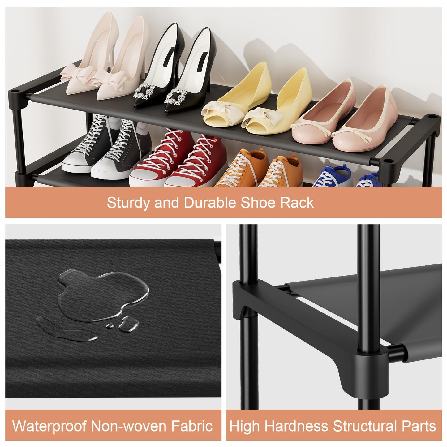 BrFoYu 32.3" Widening Design Shoe Rack for Closet 16 Pairs Small Spaces Non-Woven 3 Tier Shoe Organizer Stackable Metal Shoe Shelf for Entryway, Bedroom