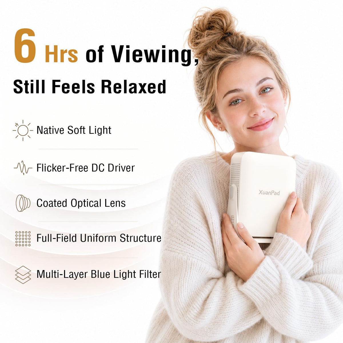 [Officially-Licensed App & Auto Focus]White Smart Mini Projector with WiFi and Bluetooth, XuanPad 4K Support Movie Projector, Portable Native 1080P Outdoor Projector with 360° Stand