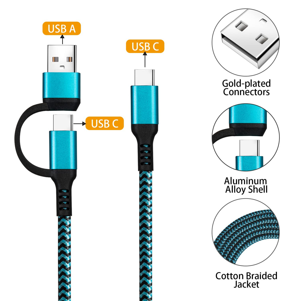 USB C to C Cable, 3 Pack 6ft Fast Charging Cord, 2-in-1 USB-A/C to C Cable
