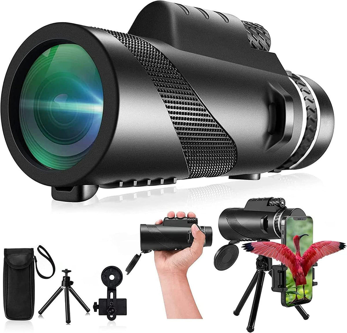 80x100 High‑Powered Monocular Telescope HD Portable Monocular for Adults with Phone Adapter Ideal for Bird Watching Wildlife Travel Camping Hiking‑Black