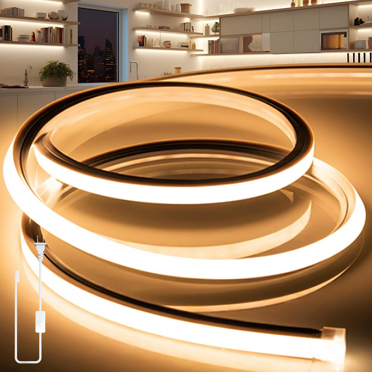 VOEWT LED Strip Lights Warm White 3000K,9.8ft 110-120V Neon Rope Lights,Flexible Silicone Outdoor Waterproof Neon Strip Lights for Bedroom,Mirror,Kitchen Cabinet, Living Room,Halloween Decor