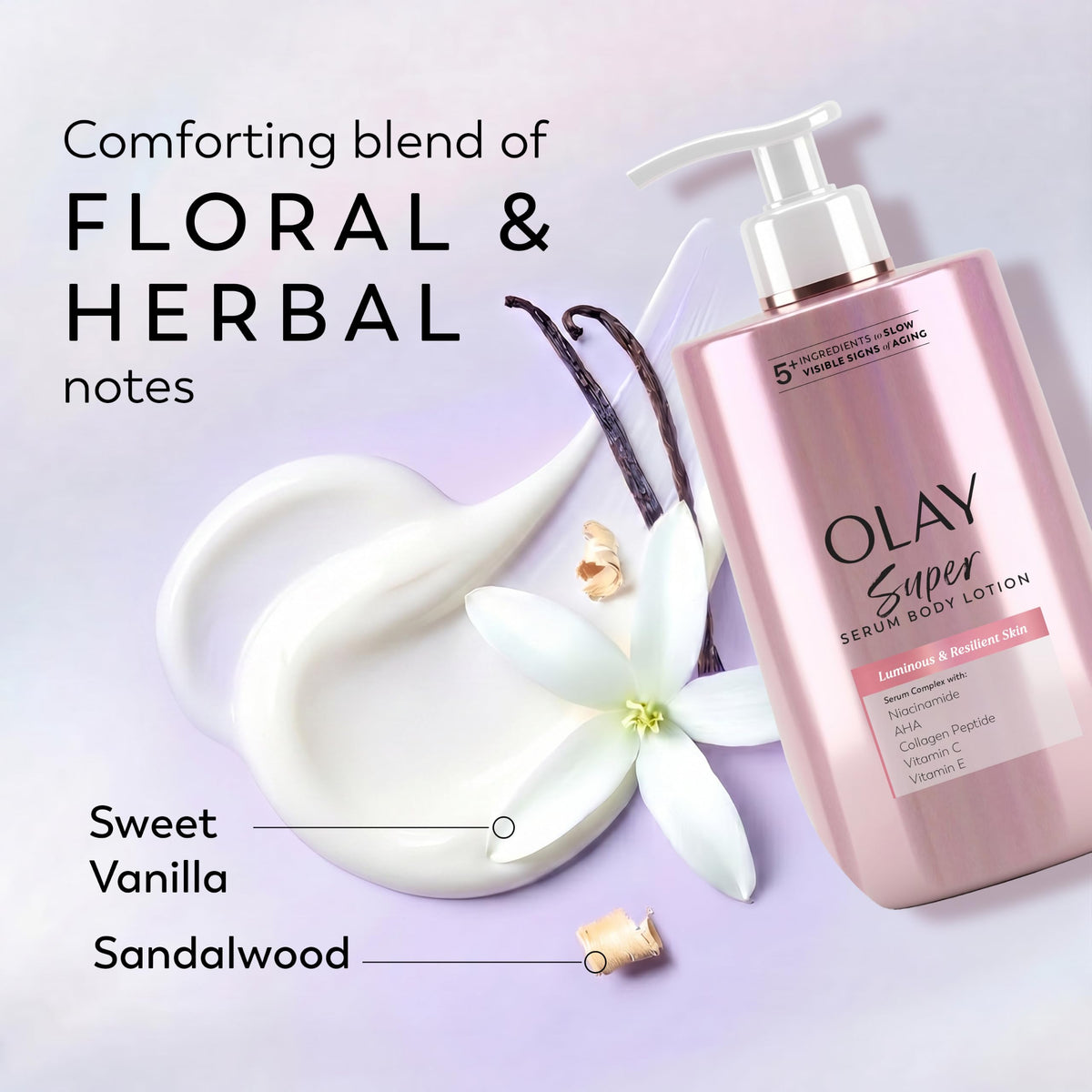 Olay Super Serum Hand & Body Lotion for Aging, 24hr Long Lasting Moisture, Fast Absorbing, 5+ Ingredient Complex for Bright Even Firm Luminous Skin, Sweet Vanilla & Soft Wood Scent, 17 fl oz