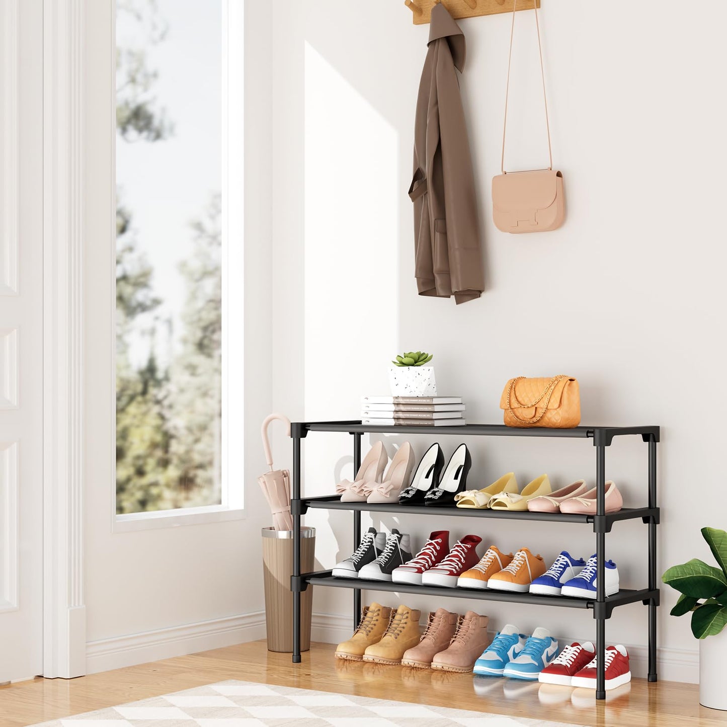 BrFoYu 32.3" Widening Design Shoe Rack for Closet 16 Pairs Small Spaces Non-Woven 3 Tier Shoe Organizer Stackable Metal Shoe Shelf for Entryway, Bedroom