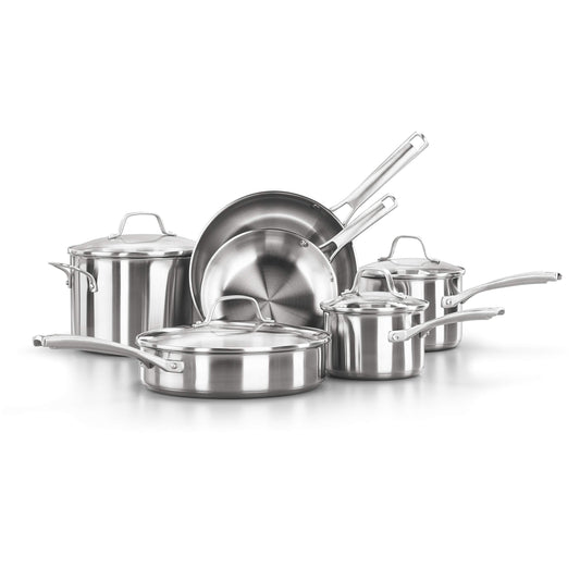 Calphalon Classic Stainless Steel Cookware Set, 10-Piece, Impact-Bonded Aluminum Base, Stay-Cool Handles, Oven Safe 450F, Silver