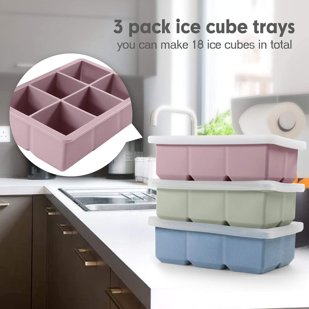 Excnorm Silicone Ice Cube Trays, 3‑Pack Large Square Molds with Lid