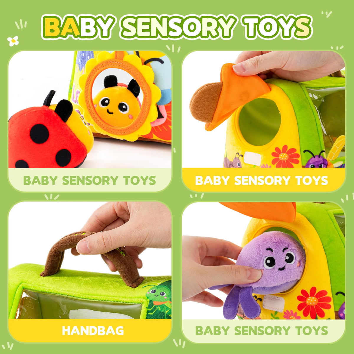 Baby Toys 6-12 Months, Insect House Sensory Toy Set with Rattle, Crinkling Parts and Mirror, Montessori Toy for 1-3, Plush Gift for Boys and Girls(Green)