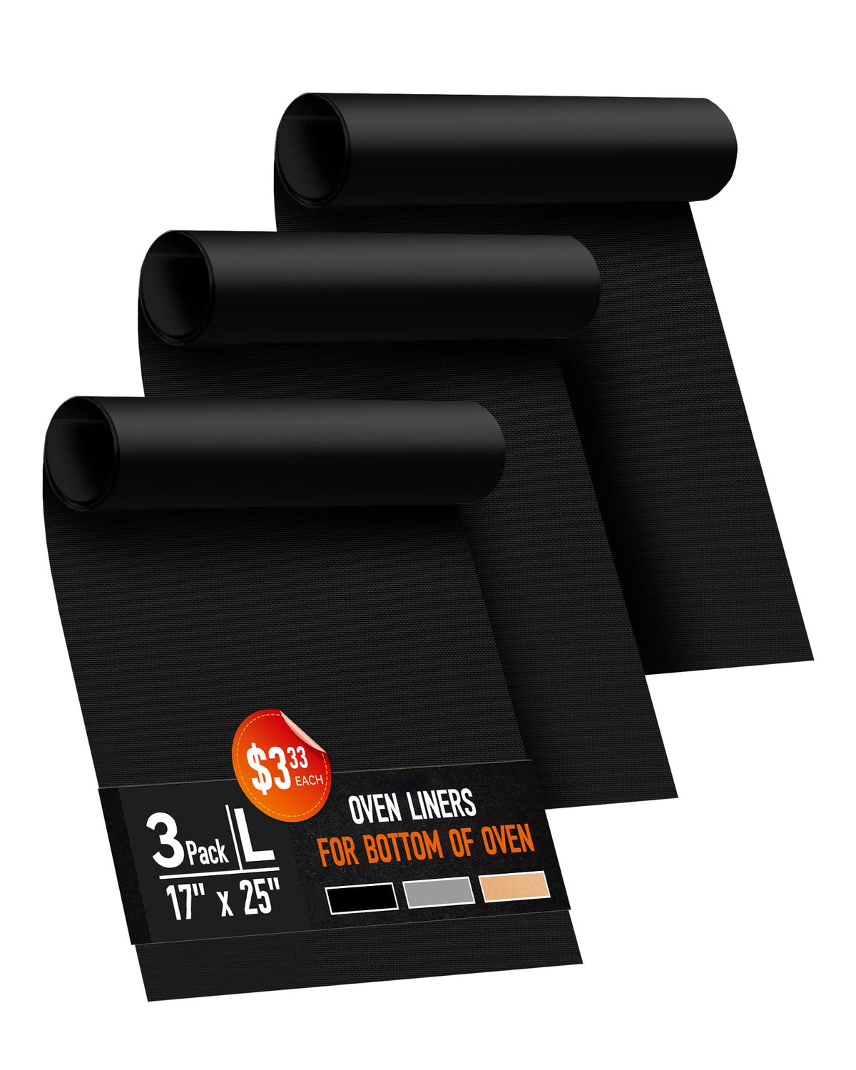 3 Pack Oven Liners for Bottom of Oven, 17x25" Large Heavy Duty Non-Stick Reusable Oven Mat for Electric, Gas, Toaster & Convection Ovens - BPA & PFOA Free, Dishwasher Safe, Kitchen Essentials, Black
