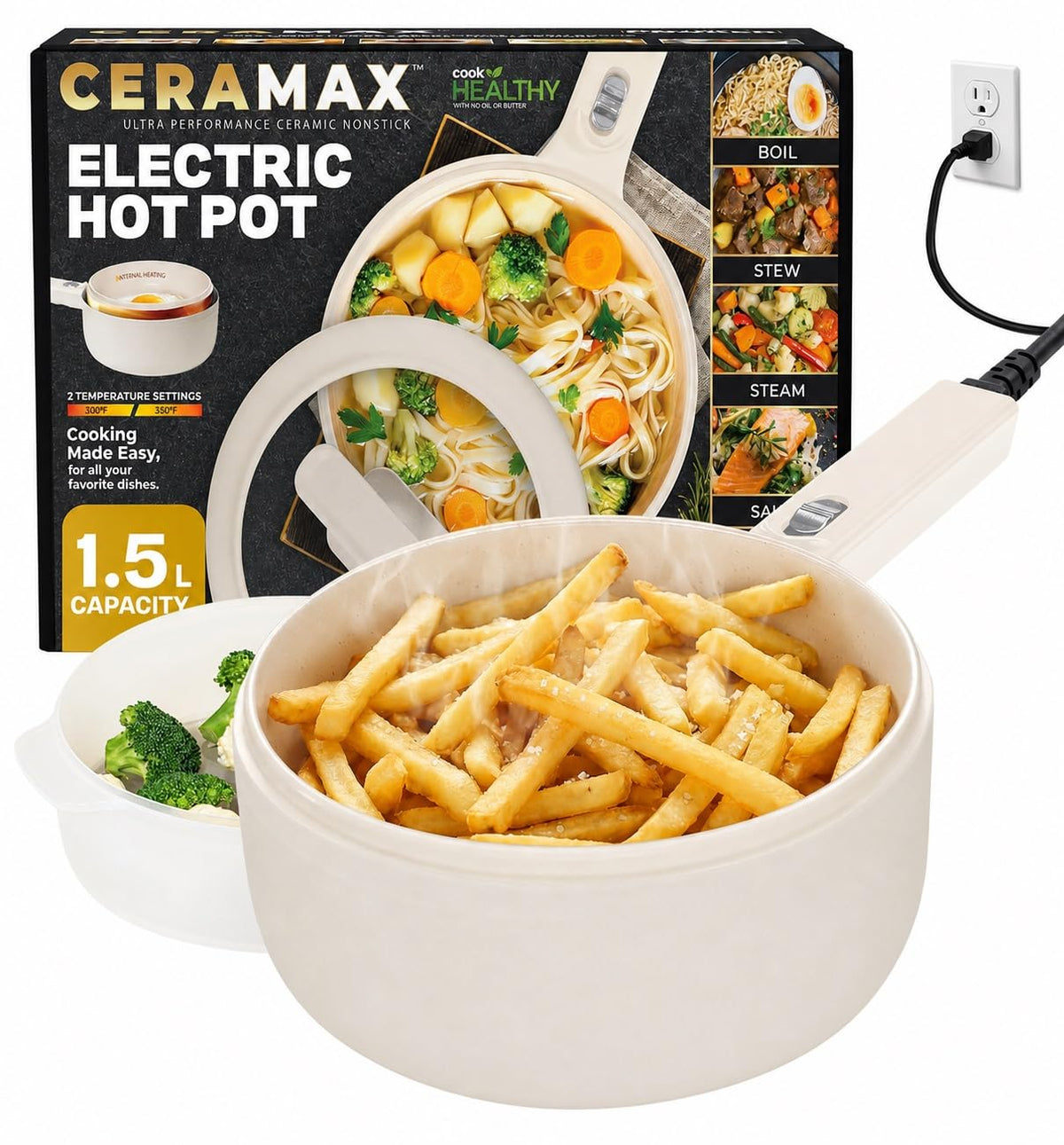 CERAMAX PRO 1.5L Electric Hot Pot with Lid & Steamer