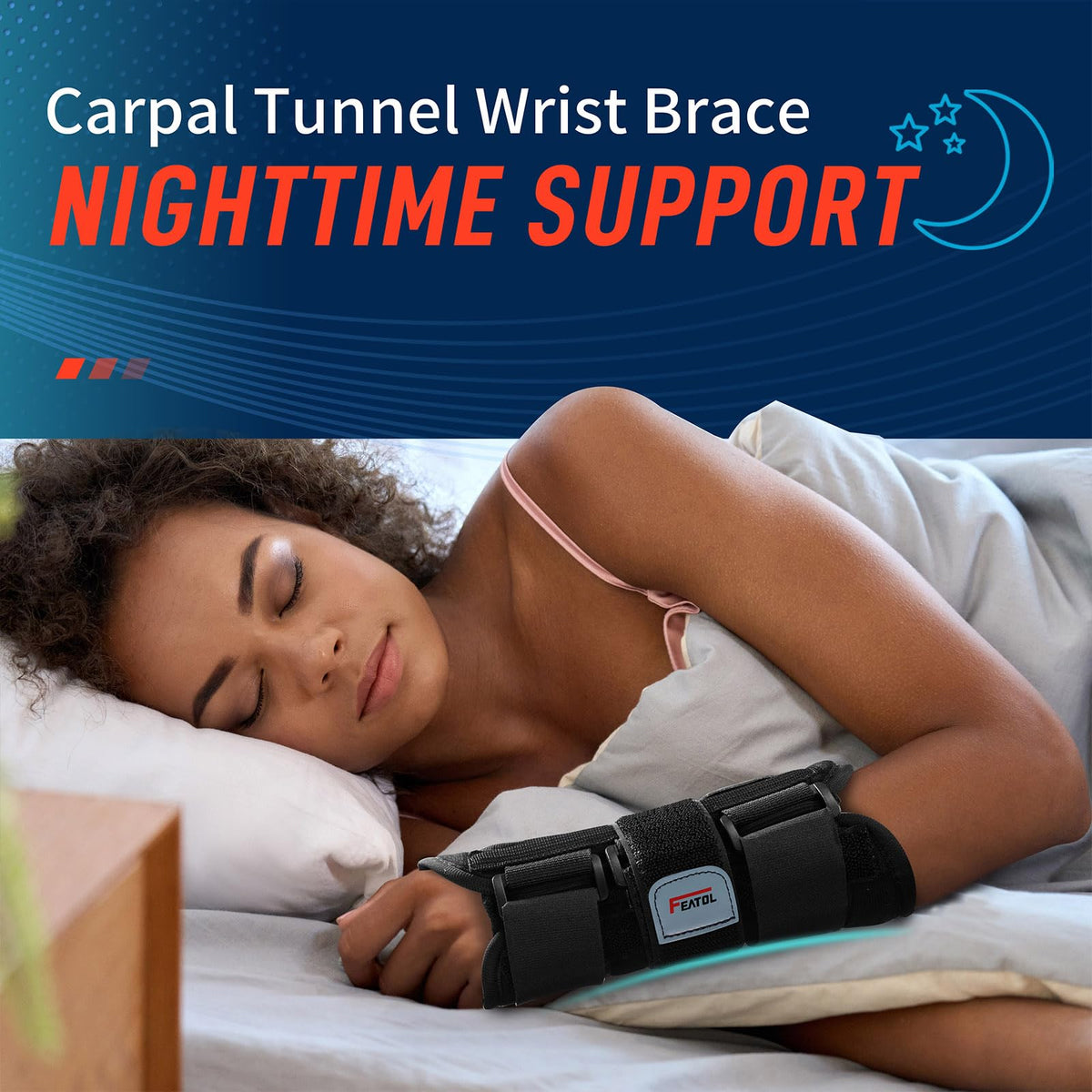 FEATOL Carpal Tunnel Wrist Brace Night Support, Adjustable Left Hand Brace
