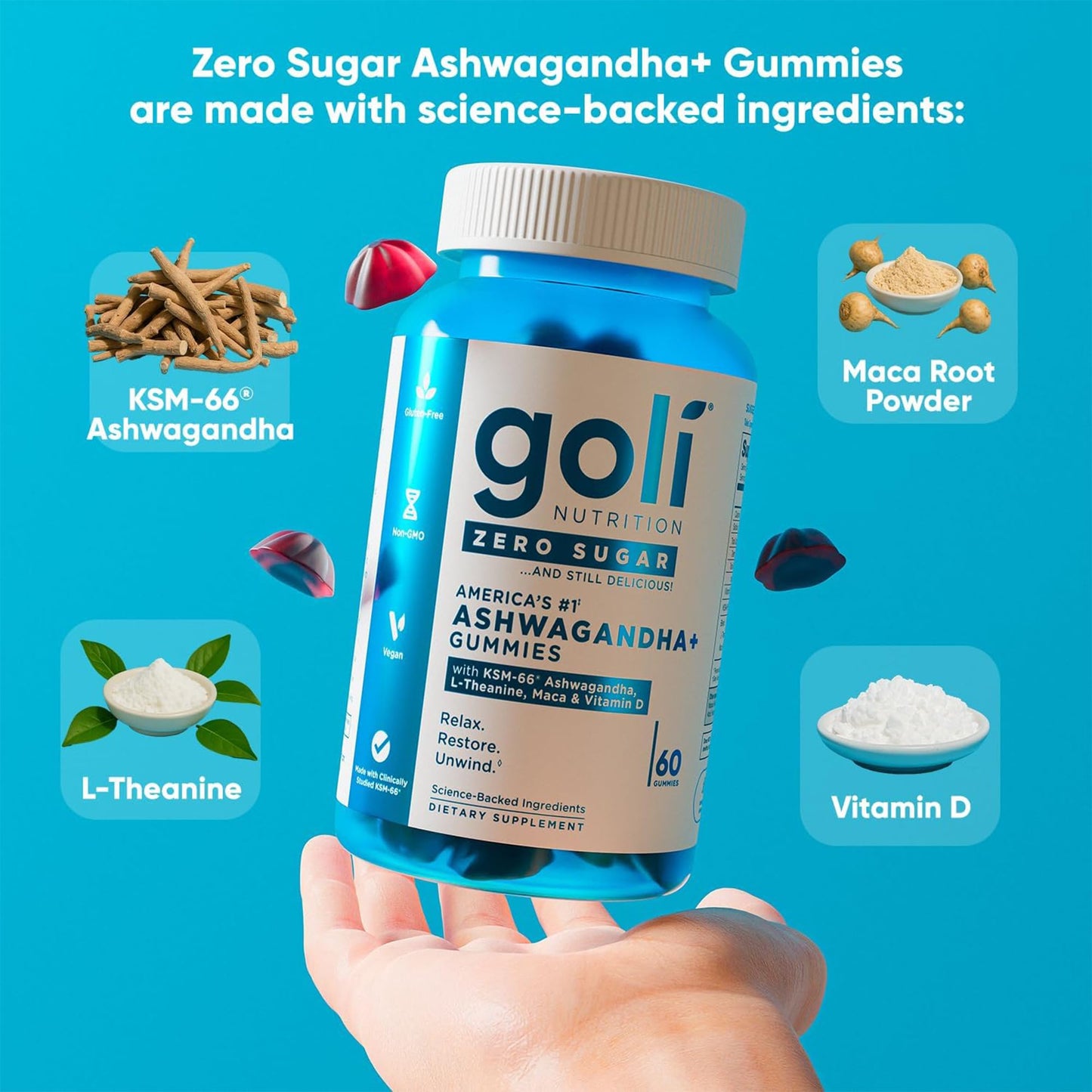 Goli Zero Sugar Trio - World's First 3-in-1 Pre, Post, Probiotic, Apple Cider Vinegar with Vitamin B12 and Probiotics, Ashwagandha & L-Theanine, Vitamin D Gummies, 180 Count (3-Bottle Set)