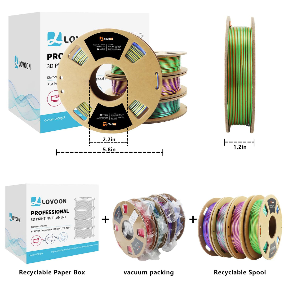 LOVOON 3D Printer Filament Bundle, Silk PLA Multicolor Filament, 200g x 4
