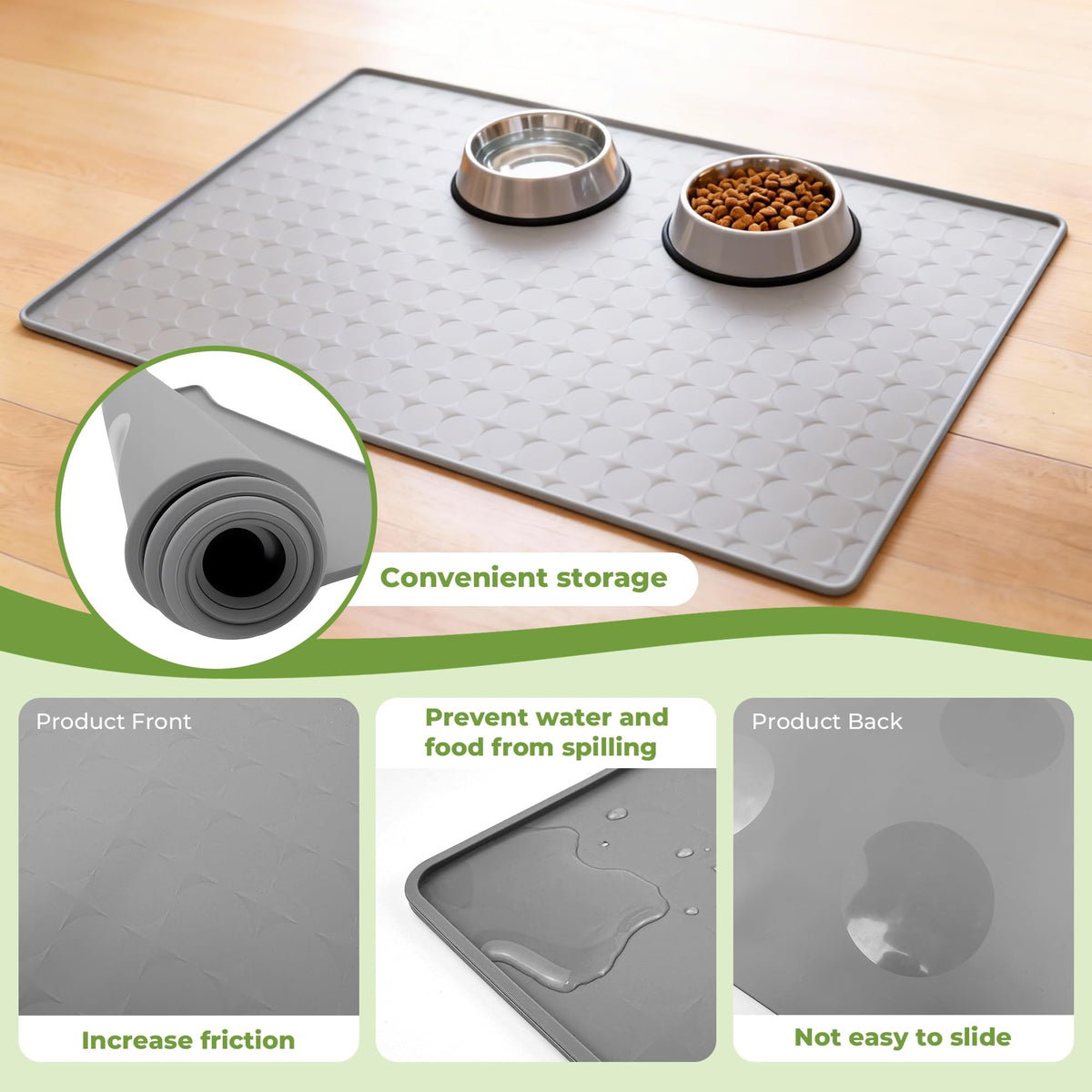 TCULOSD Extra Large 34x22 Inch Machine Washable Silicone Pet Food Mat - Waterproof Dog & Cat Bowl Mat with Raised Edge, Non-Slip Floor Protector for Large Dogs, Multi-Pet Homes (Grey)