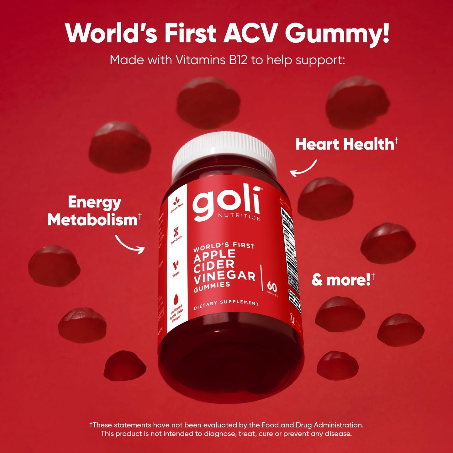Goli Apple Cider Vinegar Gummies - Worlds First ACV Gummy with Vitamin B12, Beetroot & Pomegranate - Vegan, Non-GMO, Gluten-Free, 180 Count (3 Pack)