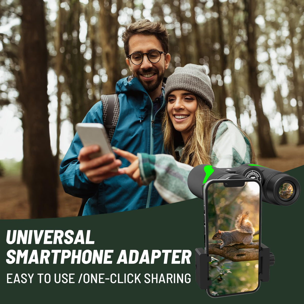 15x55 UHD Binoculars for Adults High Powered with Phone Adapter - Large View, BAK4 Prism, Waterproof, Lightweight for Bird Watching, Hunting, Cruise, Travel, Camping (Green)