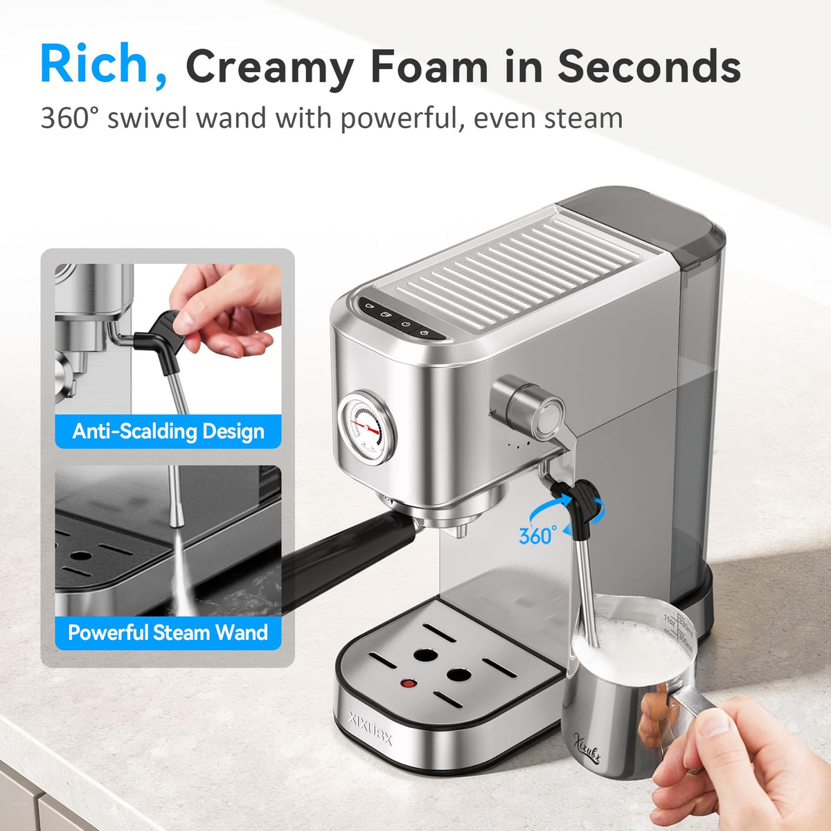 XIXUBX Espresso Machine with Milk Frother for Cappuccino & Latte, Sliver