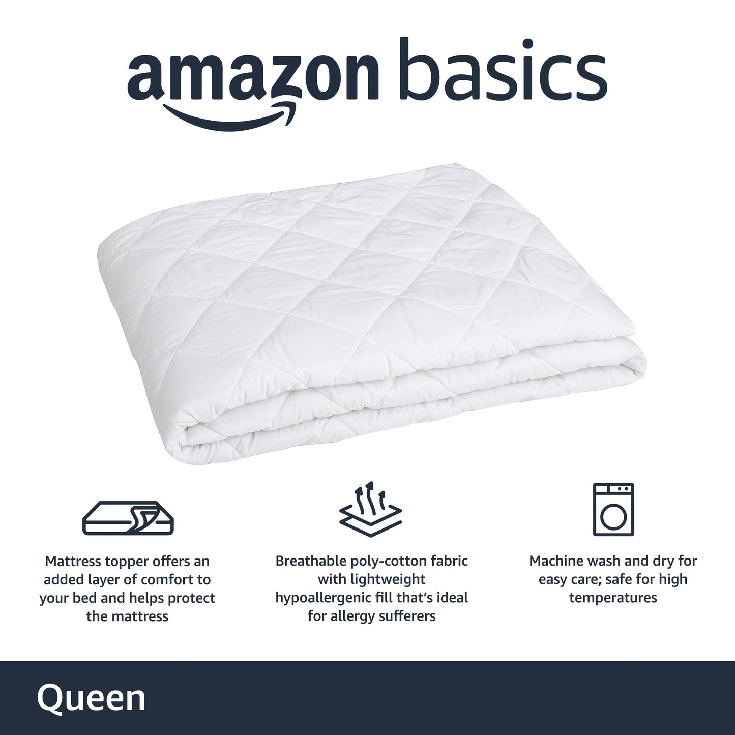 Amazon Basics Hypoallergenic Quilted Plush and Breathable Mattress Topper Pad, 18 Inches Deep, Padded, Washable, Queen, White