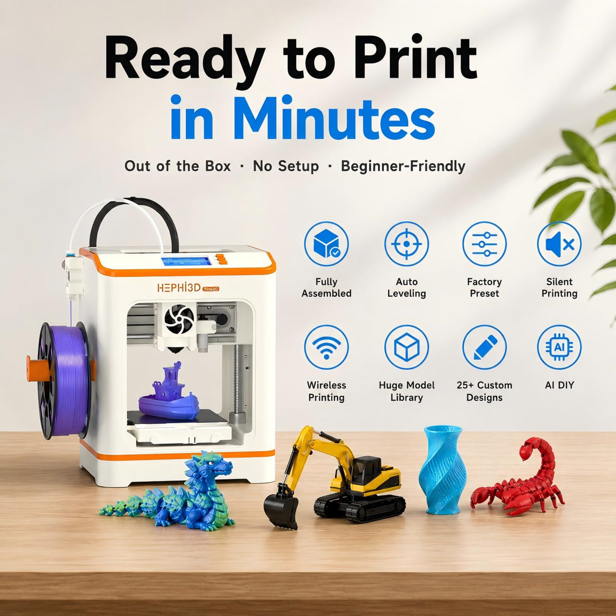 Hephi3d TINA2C 3D Printer Beginner Friendly, Easy-Ready to Print in 5 Mins
