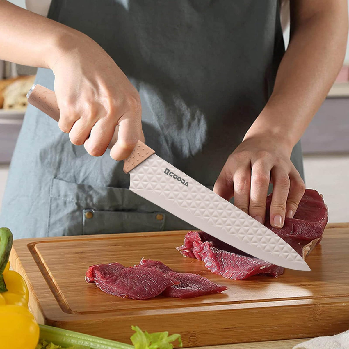GOODA Kitchen Knife Set With Block,6-Piece Professional Chef Cooking Knives Set For Kitchen,Non-Stick Stainless Steel Knife Block Set