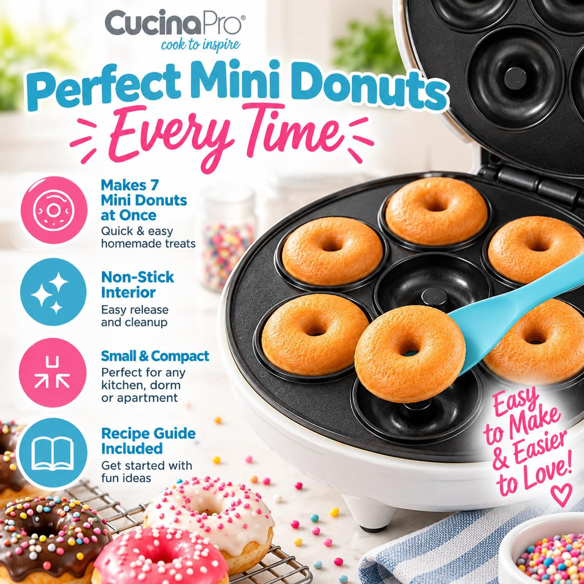CucinaPro Mini Donut Maker, Electric Non-Stick, Bakes 7 Small Doughnuts