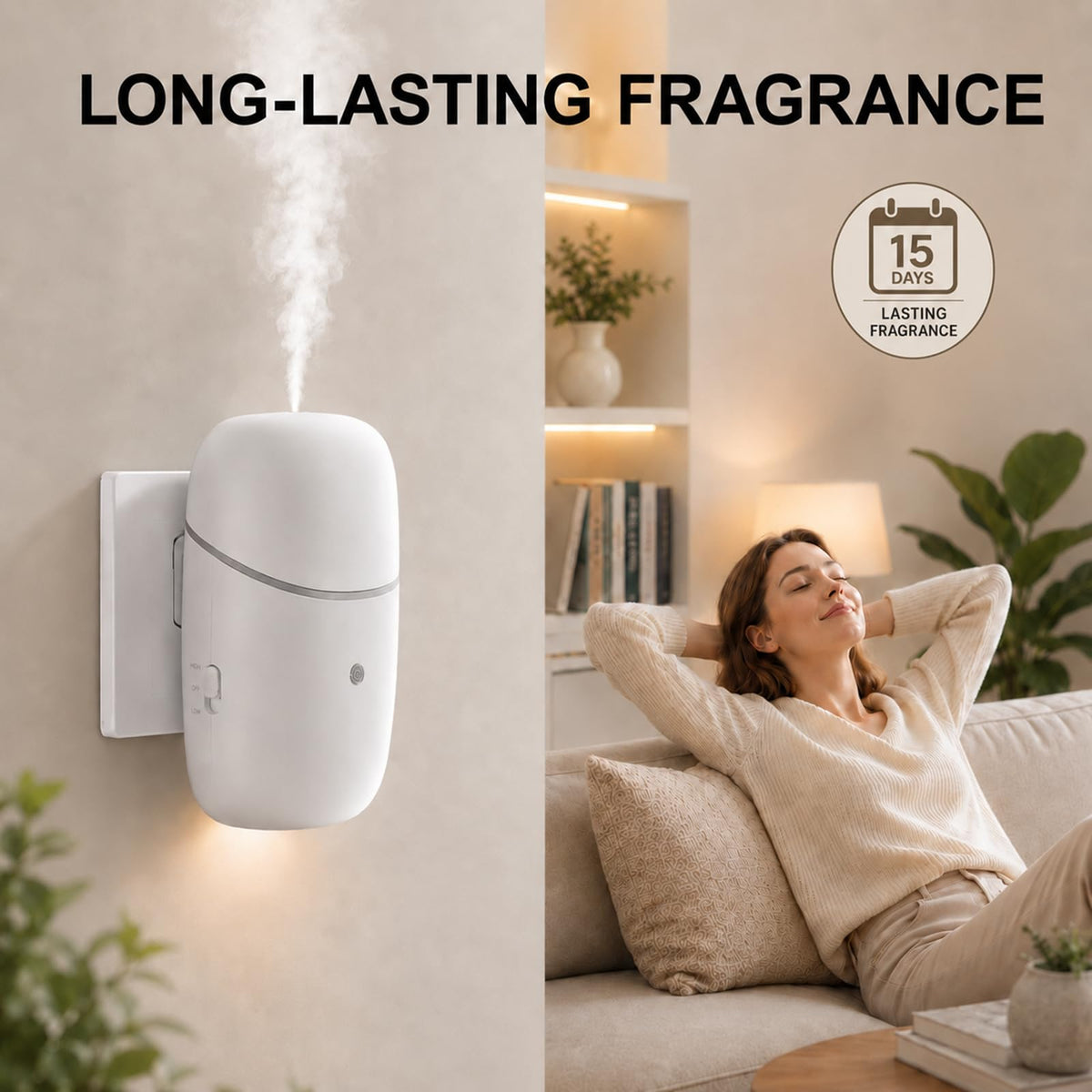 Miferdin Waterless Diffuser, Quiet Essential Oil Diffuser with Low/High Modes and Timer, Cold Plug in Diffuser with Night Light, Wall Aromatherapy Diffuser for Home, Bedroom, Bathroom, Outlet, White