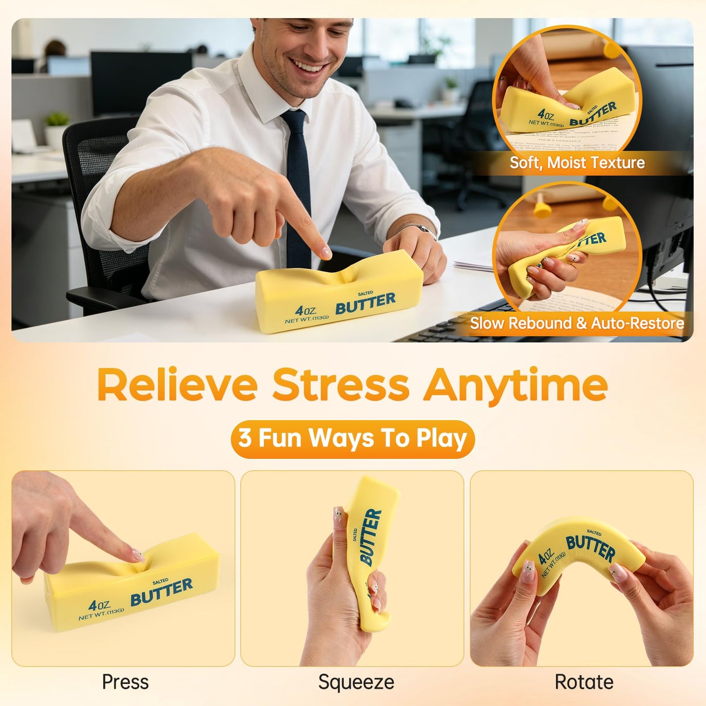 Butter Squishy Fidget Toys Slow Rising Stress Relief Toy - Realistic Butter Stick Squeeze, Soft PU Foam Fidget for Anxiety & Sensory Relief, Cute Desk Decor for Kids, School