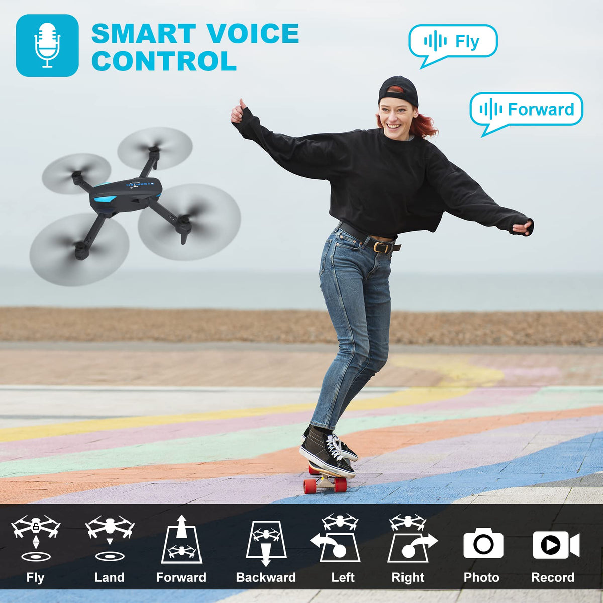 Drone with 1080P Camera for Beginners and Adults, Foldable Remote Control Quadcopter with Voice Control, Gestures Selfie, Altitude Hold, One Key Start, 3D Flips, 2 Batteries, Toy for Beginners