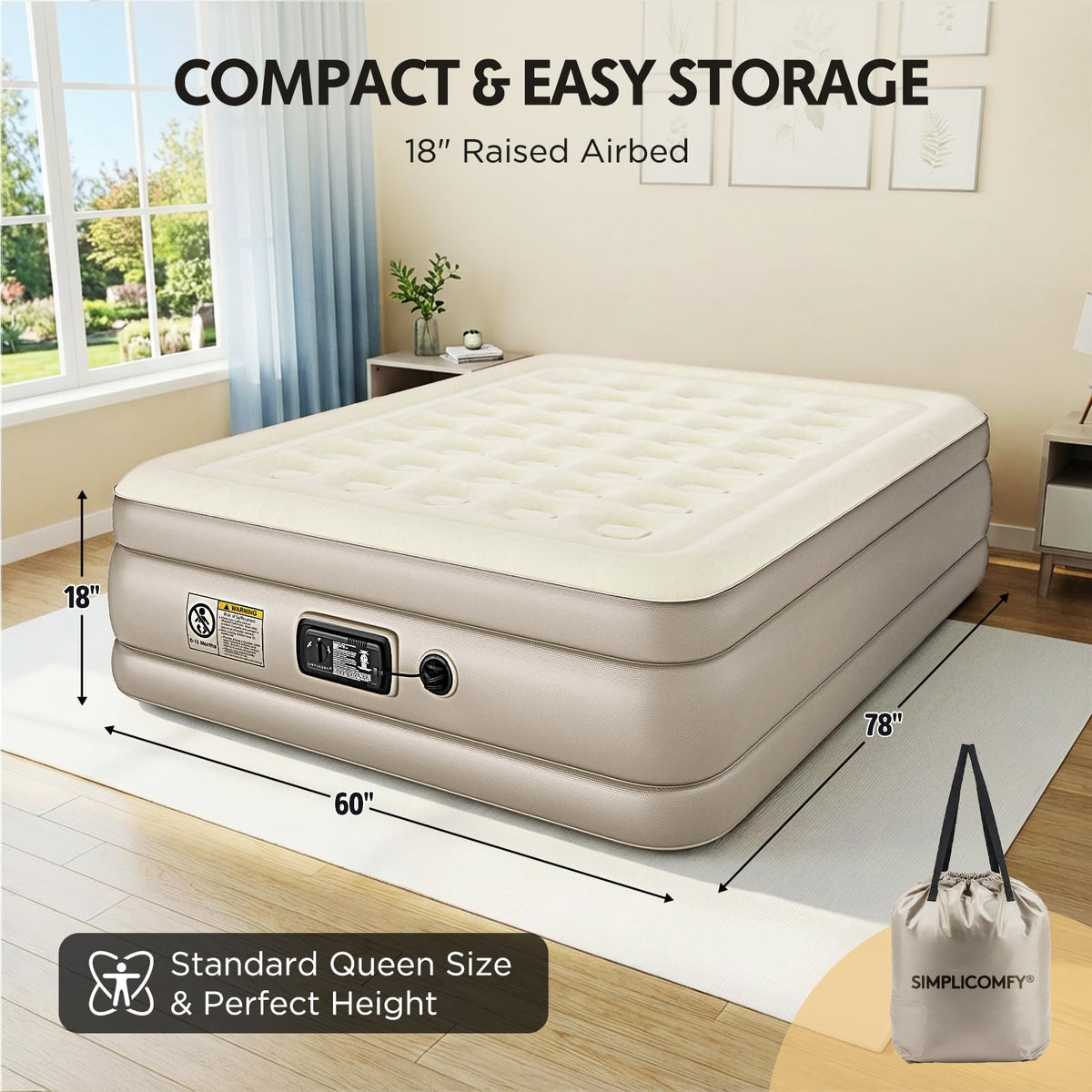 Simpli Comfy 18" Raised Double-High Queen Inflatable Air Mattress, 700lb