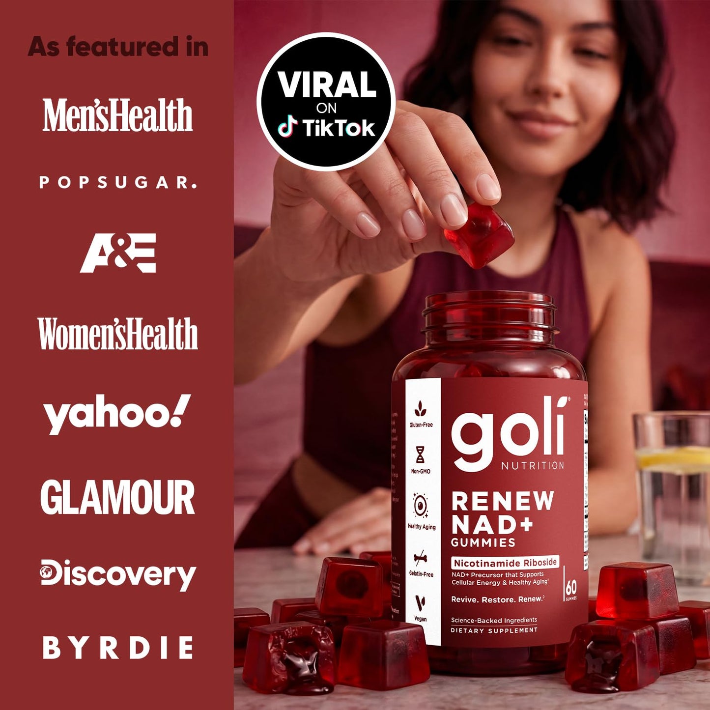 Goli World’s First Renew NAD+, 60 Count – Nicotinamide Riboside (NR) – Cellular Energy & Healthy Aging Support – Vegan, Non-GMO, Gelatin-Free Liquid-Center Gummies