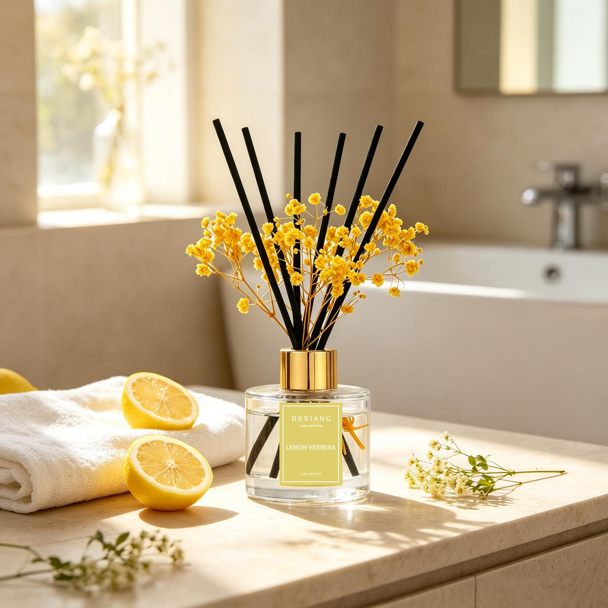 Reed Diffuser Set,3.38 fl oz (100 ml) Lemon Verbena Oil Diffusers with 6 Reed Sticks for Bathroom Shelf Decor Home Fragrance Reed Diffuser