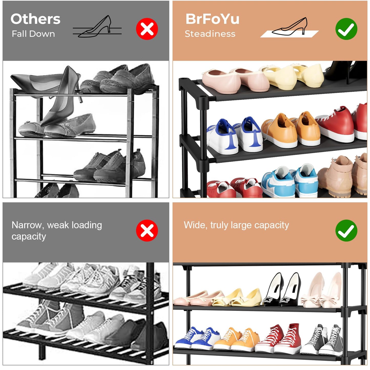 BrFoYu 32.3" Widening Design Shoe Rack for Closet 16 Pairs Small Spaces Non-Woven 3 Tier Shoe Organizer Stackable Metal Shoe Shelf for Entryway, Bedroom