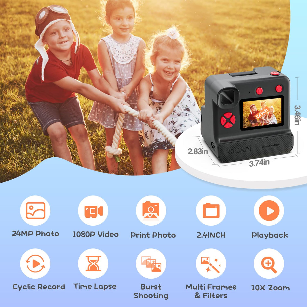 Kids Camera Instant Print, Christmas Birthday Gifts for Girl Boys 3-12 Years Old, FHD Selfie Digital Video Cameras Toddler 3 Rolls Print Paper & 32G Card
