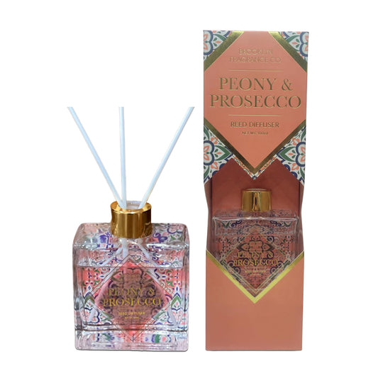 Brooklyn Fragrance Co. Peony & Prosecco Aroma Diffuser for Home – Long Lasting Essential Oil Room Freshener with 6 Sticks – Premium Aromatherapy Fragrance in Rectangular Glass Bottle 100ML– Gift Ready