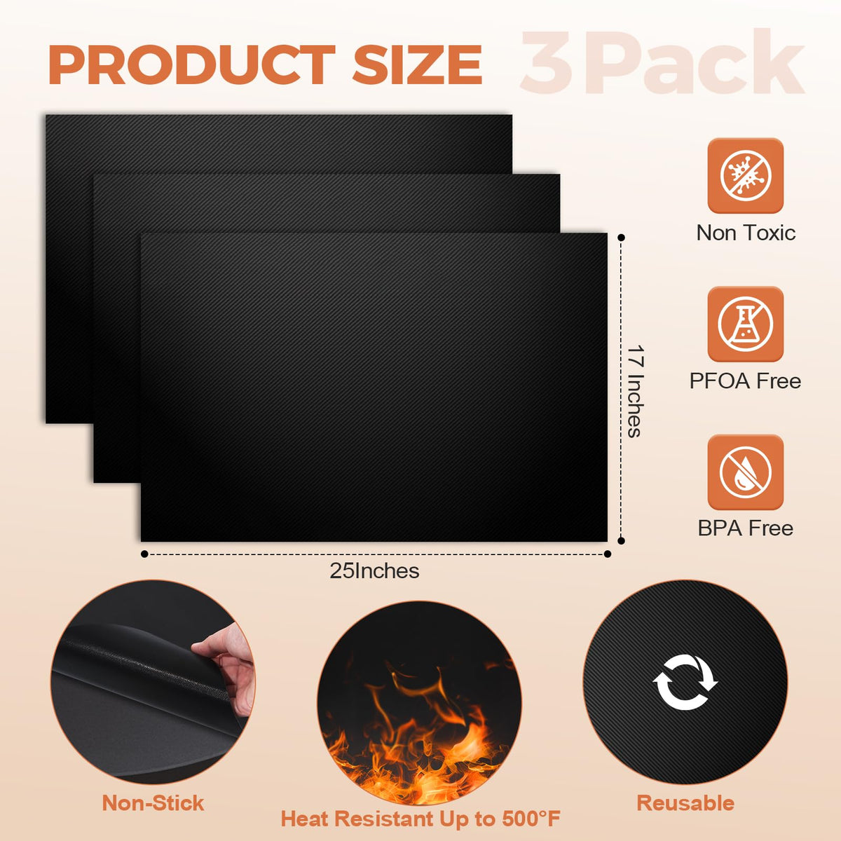 3 Pack Oven Liners for Bottom of Oven, 17"x 25" Non-Stick Reusable Oven Mat