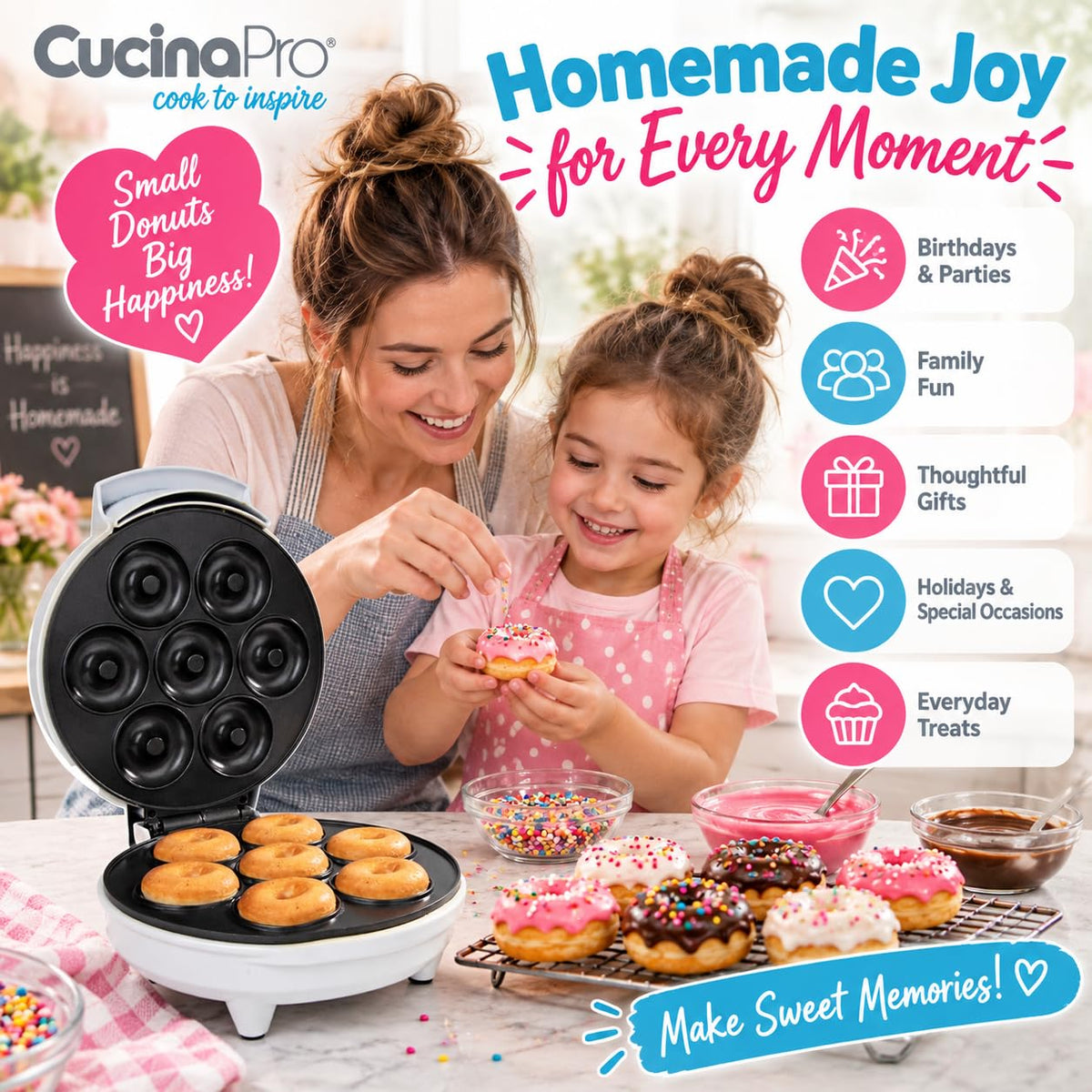 CucinaPro Mini Donut Maker, Electric Non-Stick, Bakes 7 Small Doughnuts