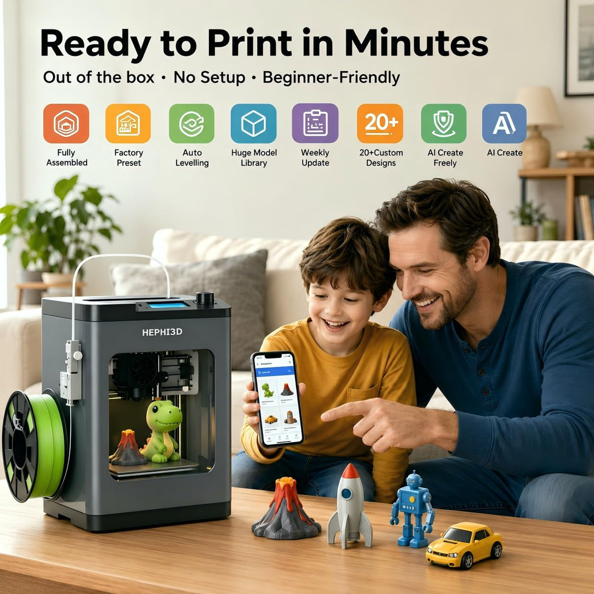 Hephi3d TINA2 Plus 3D Printer for Beginners, Fully Assembled Ready to Print