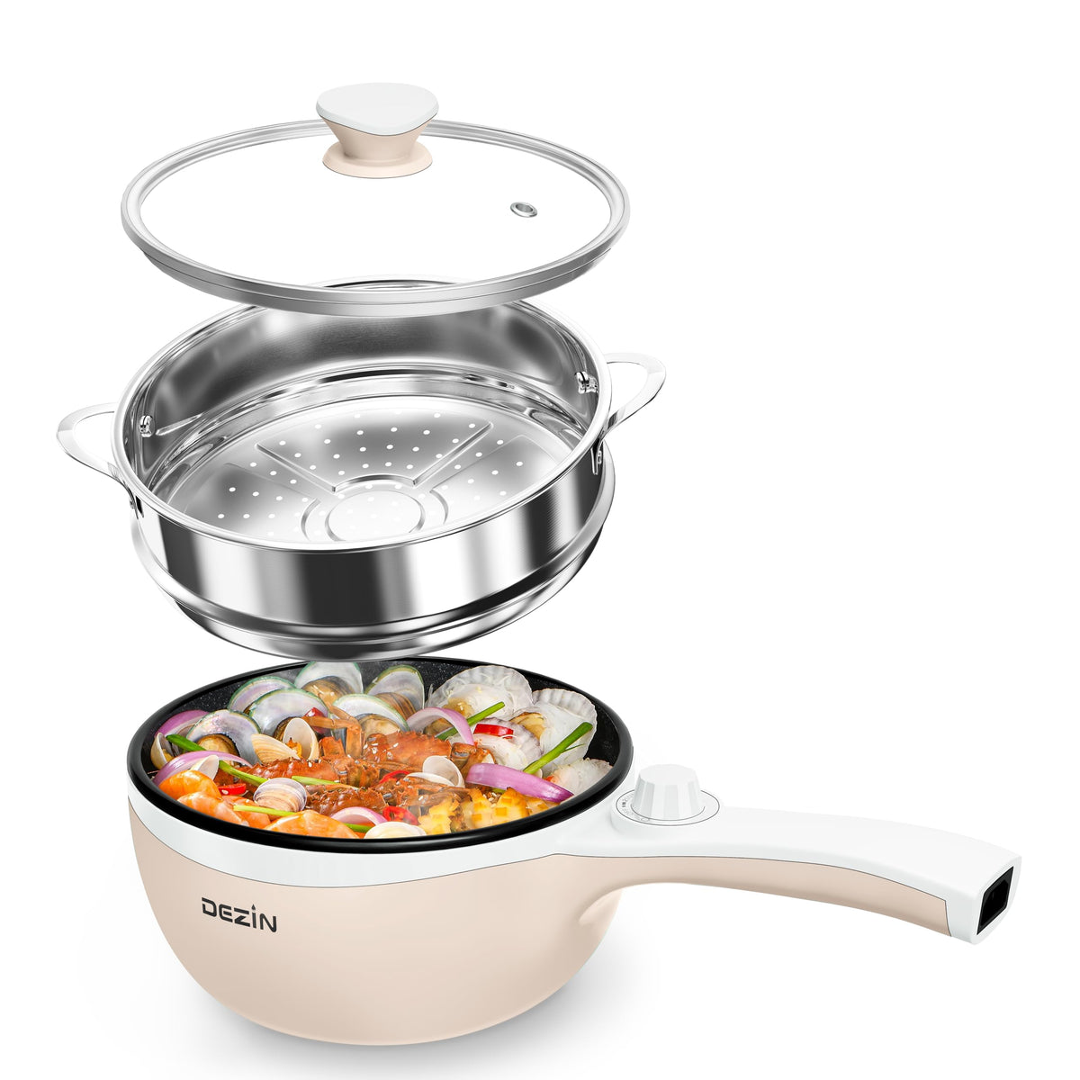 Dezin Electric Pot with Steamer, 1.5L Non-Stick Portable Hot Pot Electric