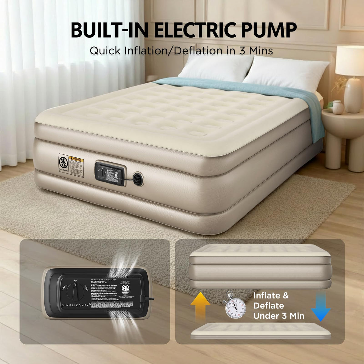 Simpli Comfy 18" Raised Double-High Queen Inflatable Air Mattress, 700lb