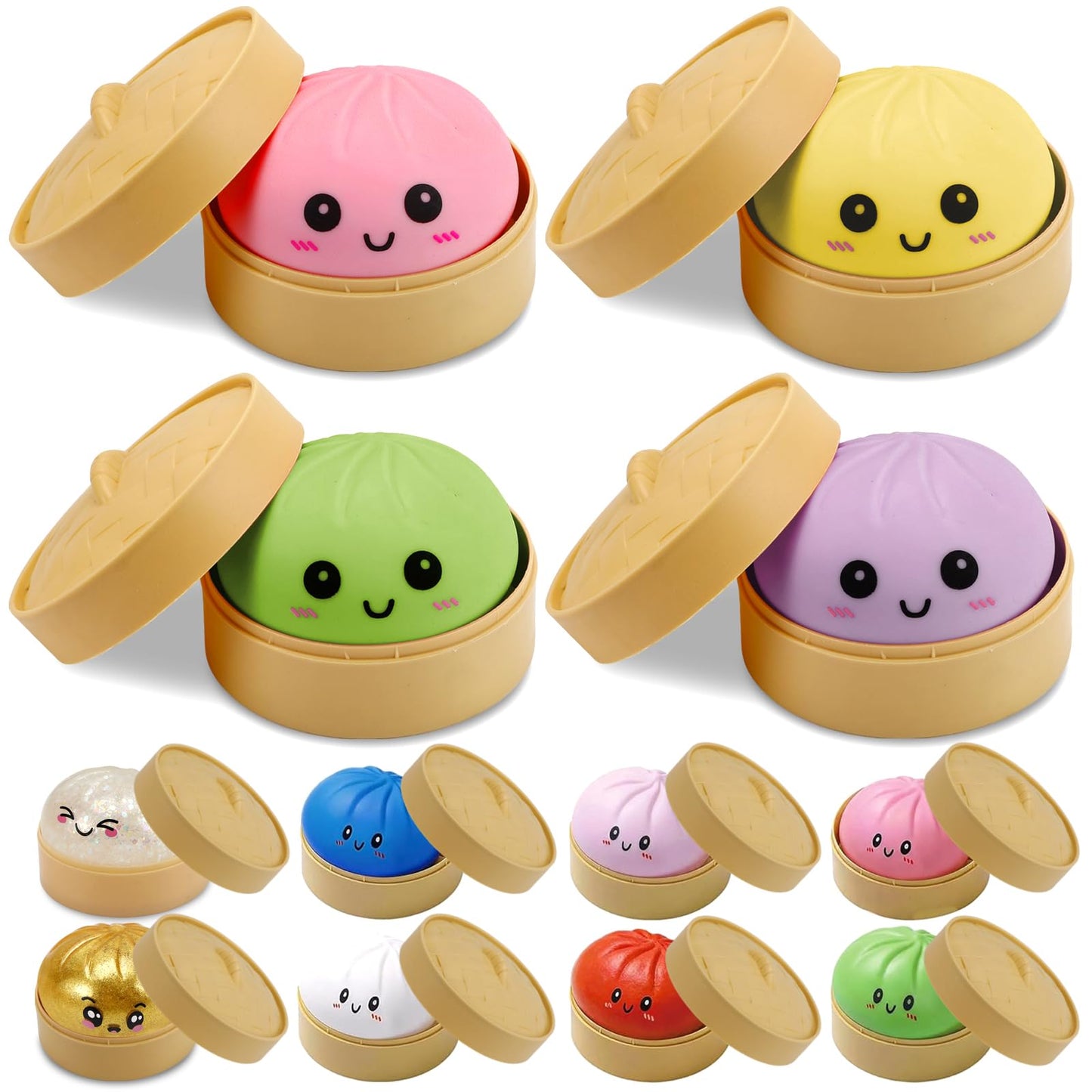 4 Pack Dumpling Squishies, Colorful Dumplings Stress Balls Fidget with Mystery Box Easter Basket Stuffers Stocking Stuffers with Food Steamer Stretchy